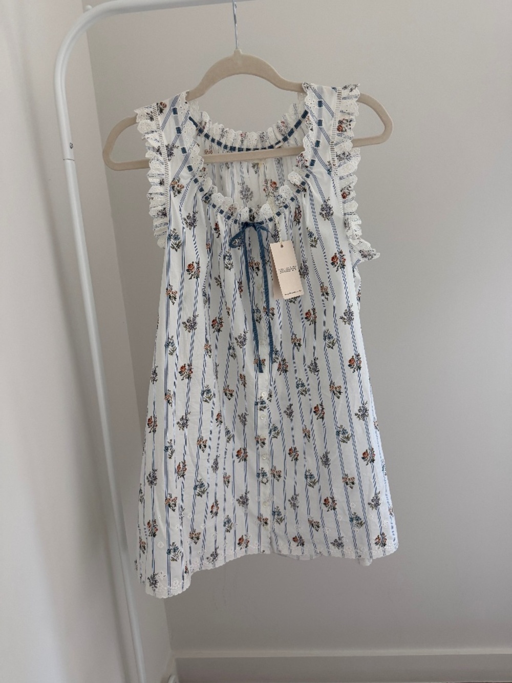 Floral Stripe Ruffle Mini Dress in White and Blue